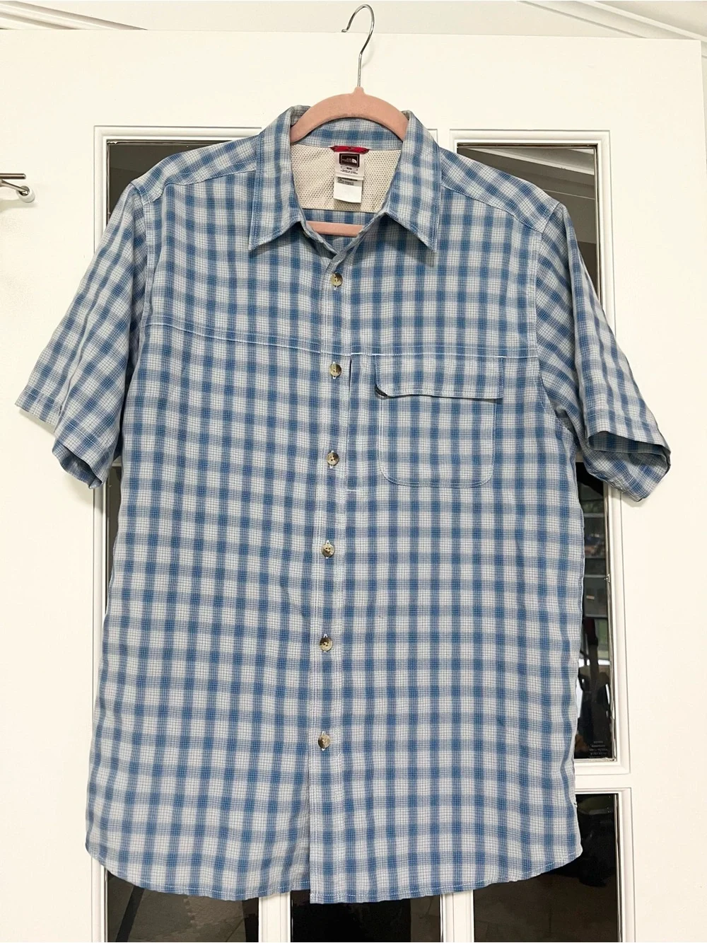 The North Face Blue and White Checked Short-Sleeve Button-Down Shirt